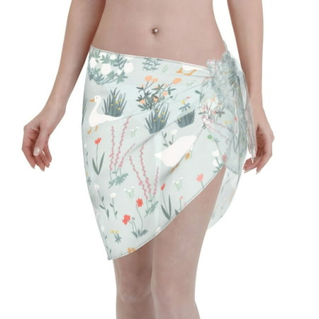 Qekee Goose and Doodle Flowers Women s Short Sarongs Cover Ups Sheer Bikini Wraps for Swimwear