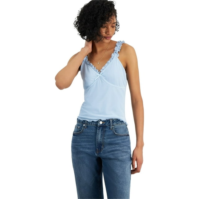 MADDEN GIRL Womens Mesh Ruffle Trim Tank Top, Blue, Juniors, Large