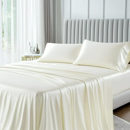 Hypoallergenic Bamboo Viscose Soft Cooling Breathable Bed Sheets Set with 16" Extra Deep Pocket, 4 Pieces Queen White, Luxury and Silky Smooth Finish, Oeko-Tex Certified