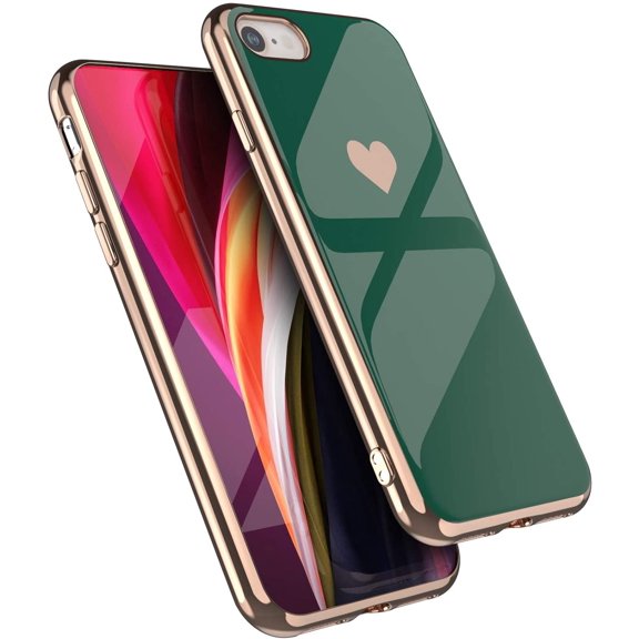 Case for iPhone SE(5G) 2022 iPhone 7 iPhone 8 iPhone SE 2020, Soft Silicone TPU Slim Case Electroplated Heart Phone Case Simple Luxury Shockproof Protective Case -Dark Green Heart