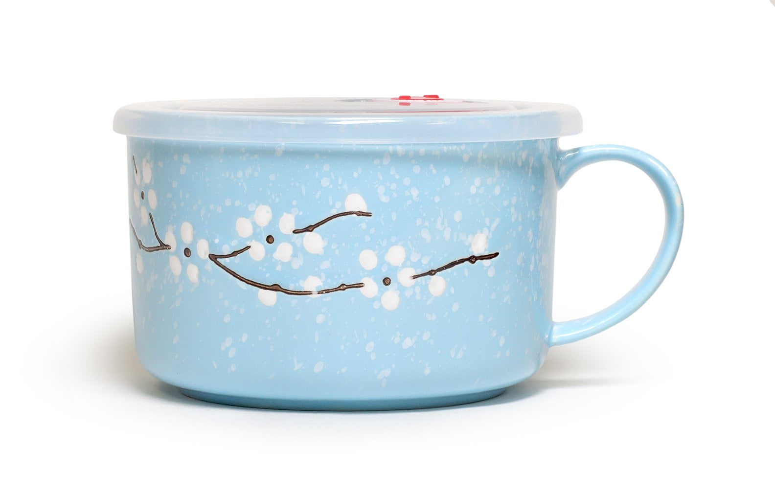 Microwavable Ceramic Noodle Bowl with Handle and Seal Sakura Snow Flake