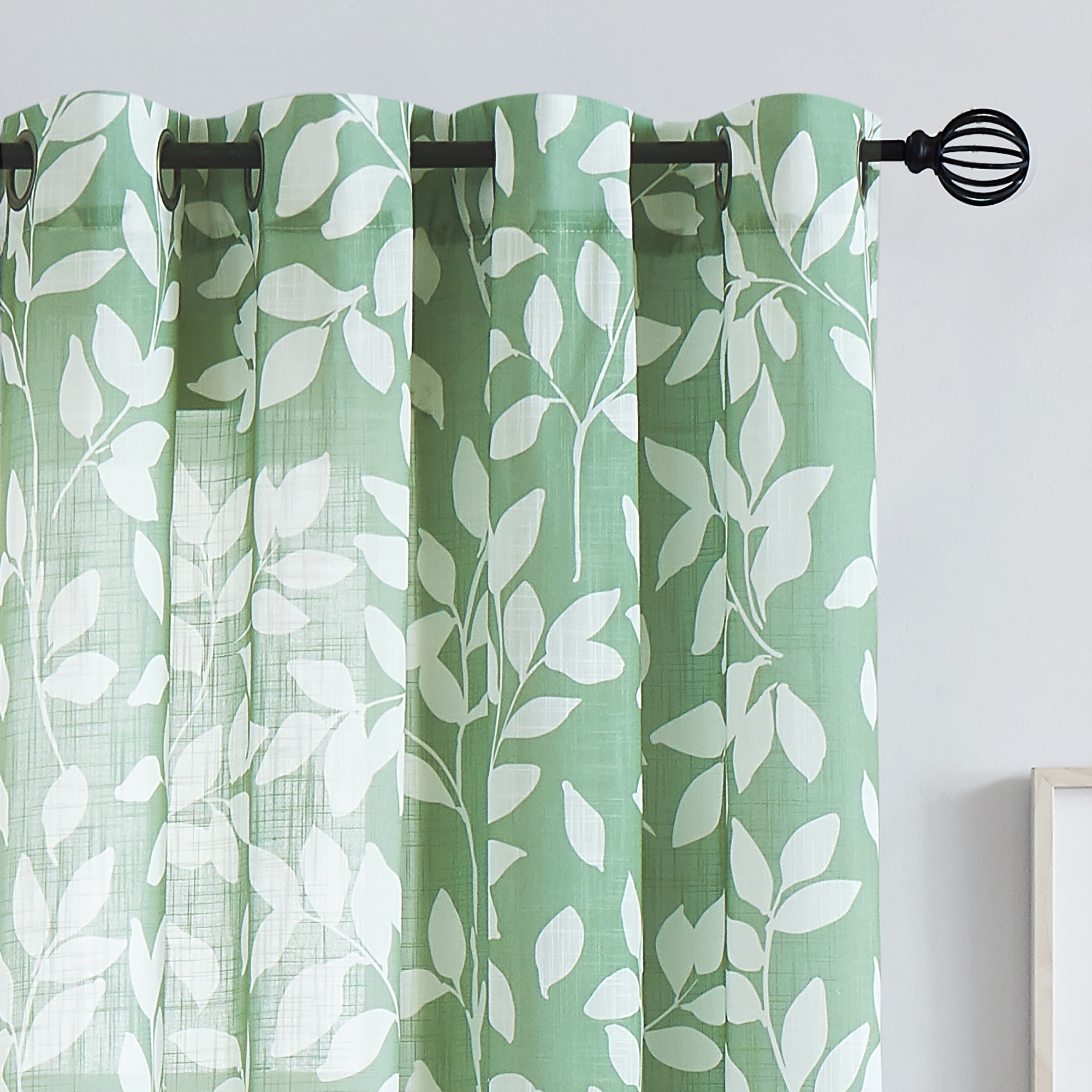 Exultantex Leaf Print Sheer Curtain with Grommets - W55"×L95", Green, Sheer Fabric，Set of 2
