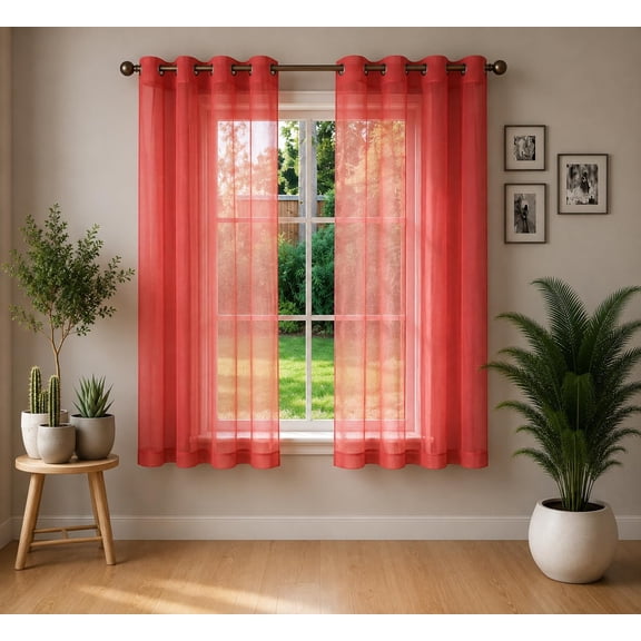 Gorgeous Home Linen Red Sheer Voile Curtains, 2 Panels Set, 55x63, See-Through Living Room Bronze Grommets