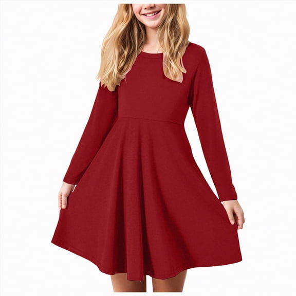 Xudanell Girls Long Sleeve Dress Kids Solid Color T Shirt Dress a Line Slim Fit Everyday Clothes 3-18 Years