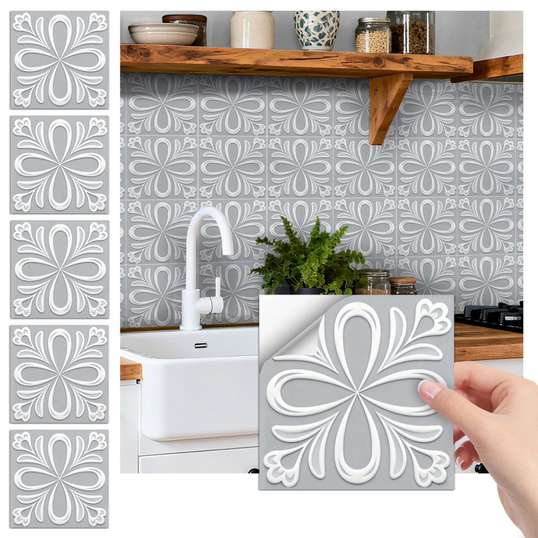 24Pcs Matte PVC Tile Sticker Waterproof Peel and Stick Backsplash 7.87" x 7.87" Gray White Flowers Wall Stickers Self Adhesive DIY Decor Decals