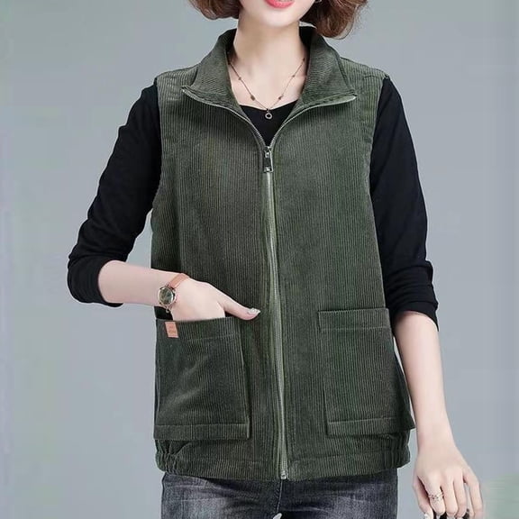 Pounoo Gift Corduroy Vest Jacket for Women Sleeveless Zipper Waistcoat with Pocket