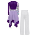 thumbnail image 5 of YiZYiF Kids Girls Worship Praise Dance Outfit 2-Piece Printed Irregular Liturgical Dress with Wide Leg Pants Set Purple White 12, 5 of 6