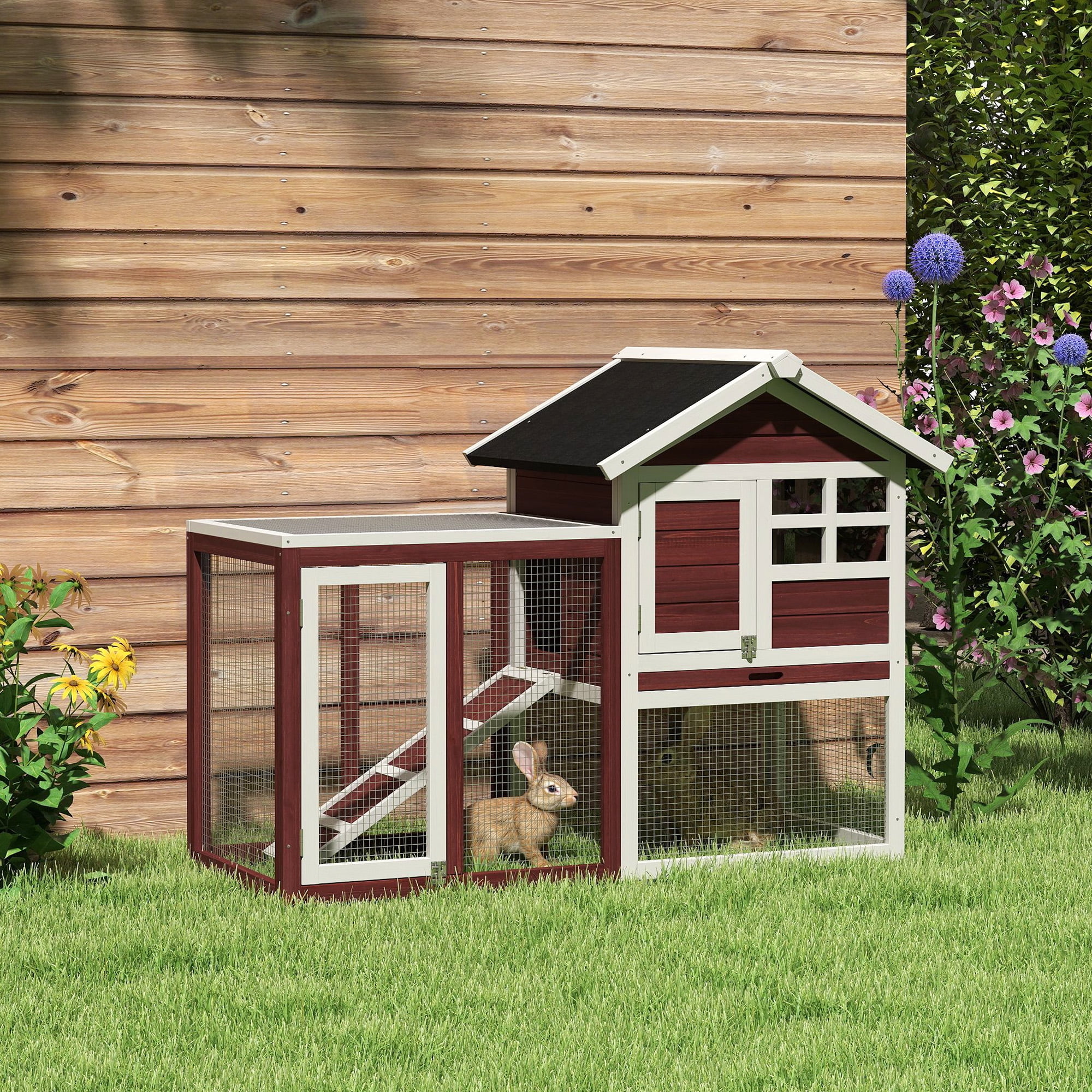 49" Wooden Rabbit Hutch, Bunny Cage with Waterproof Asphalt Roof, Outdoor Run, Removable Tray, Ramp, Brown