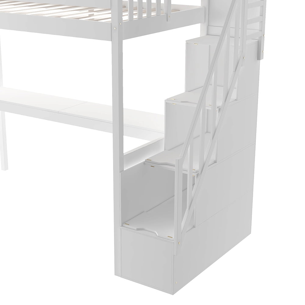 Kadyn Wooden Loft Bed with Storage Stairs, Under-bed Desk and Gaming Area, Twin, White Kadyn Wooden Loft Bed with Storage Stairs, Under-bed Desk and Gaming Area, Twin, White