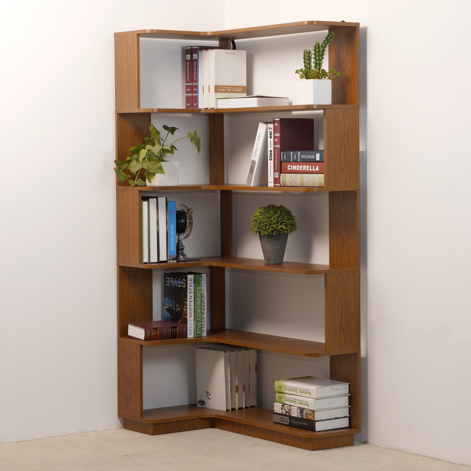Leumius 5 Tier Freestanding L-Shaped Corner Bookshelf,Wooden Bookcase with Anti-drop Panel and Anti Tipping Device, Display shelf Open Storage,Dark Oak