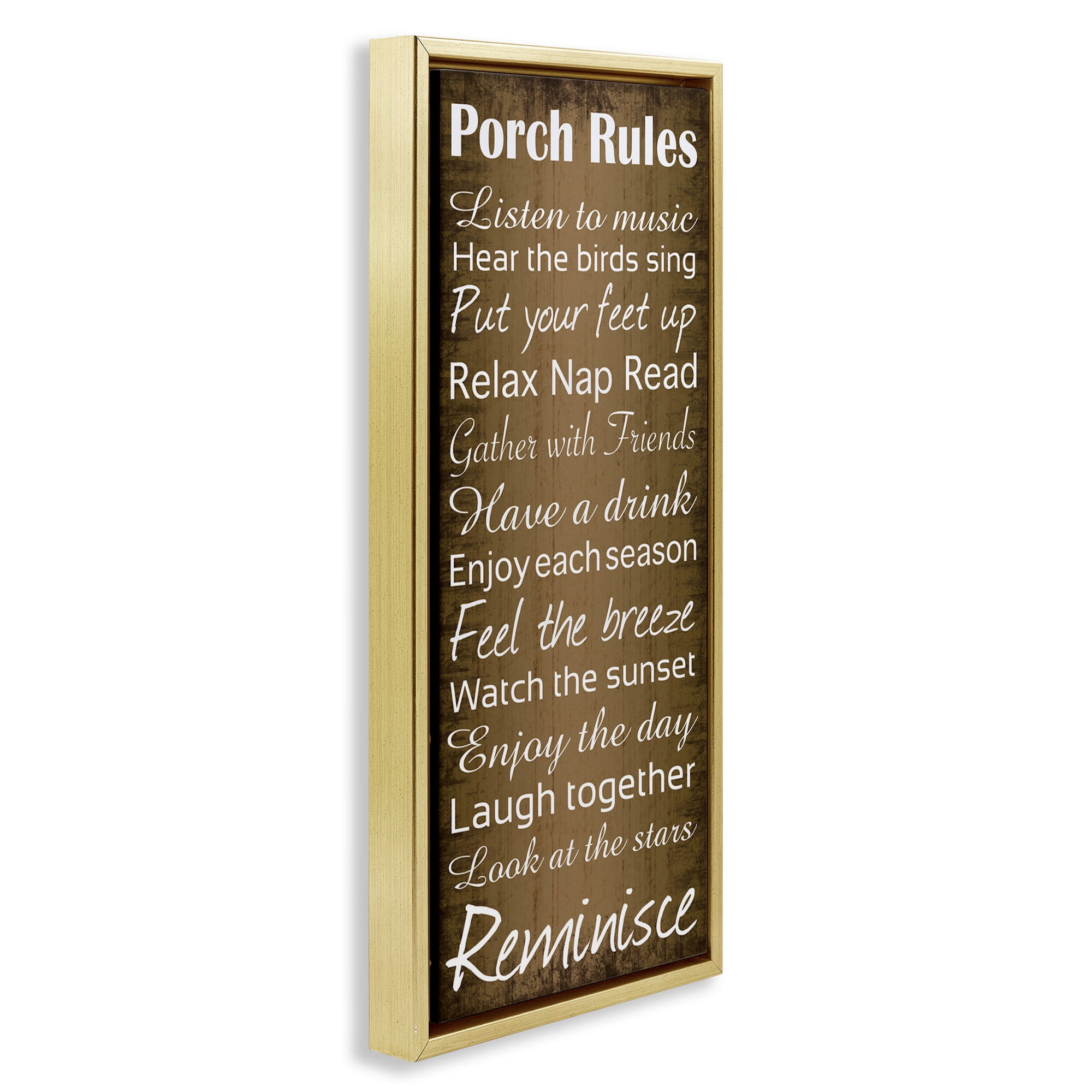 Stupell Industries Porch Rules Country Rustic Typography Painting Gold Floater Framed Canvas Art Print Wall Art, 11 x 25