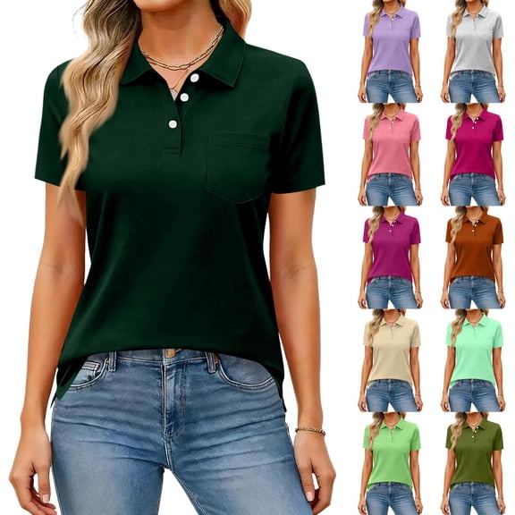 Hearthz Summer Short Sleeve Polo Shirts for Women 3 Buttons Collared Tennis Activewear UPF 50  Sun Protection Womens Golf Shirt Green XXL