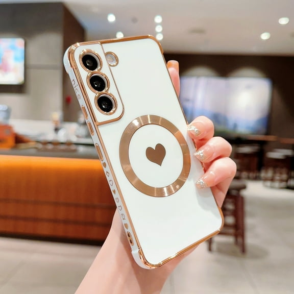 for Samsung Galaxy S22 Plus (6.6 inch) Cute Love Heart Pattern Case for Women Girls,Compatible with Magsafe Charging,Luxury Plating Edge Soft Silicone Shockproof Slim Phone Case,White