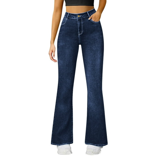 HongQid Women's Trendy Stretchy Flare Jeans Mid Rise Bootcut Curvy Denim Pants