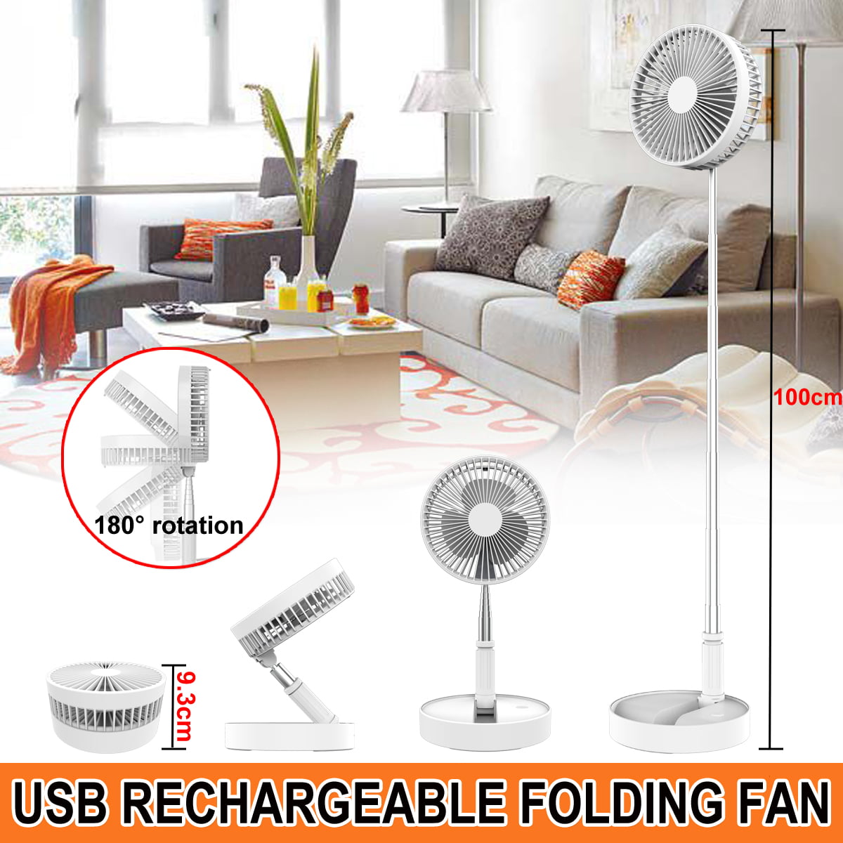 -White 5-24h Car Fan 7200mAh Battery Powered Fan Camping Height Adjustable Folding and Portable Fan Rechargeable Battery Operated Fan with 4 Speeds Strong Wind Mini Fan for Home Office Travel