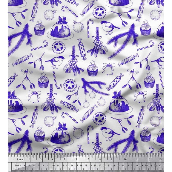 Soimoi Blue Velvet Fabric Candies,Bell & Baubles Christmas Print Sewing Fabric Yard 58 Inch Wide