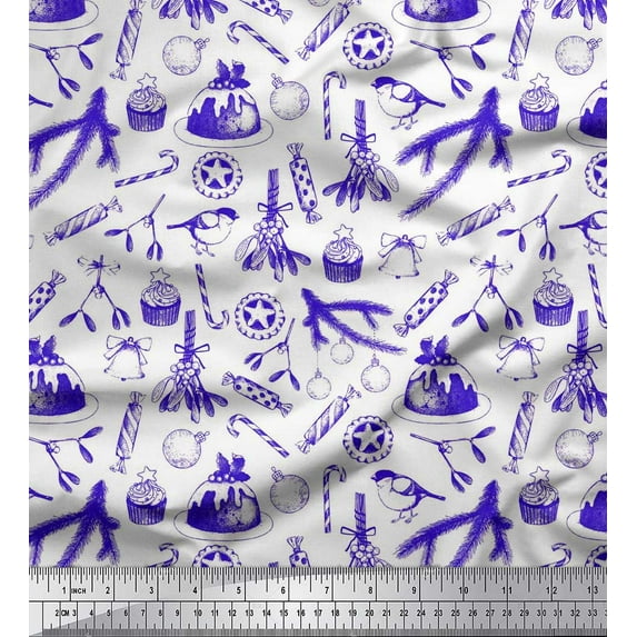 Soimoi Blue Heavy Canvas Fabric Candies,Bell & Baubles Christmas Print Sewing Fabric Yard 58 Inch Wide