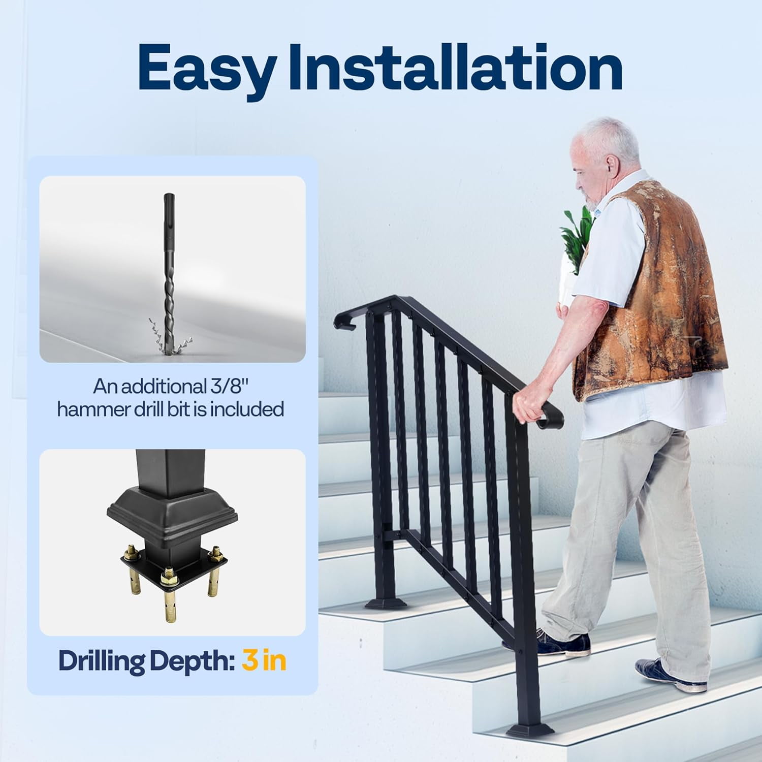 SPECSTAR 2-Pack Outdoor Handrails, 3-4 Step Galvanized Steel Railing Kit, Curved Ends and Safty Balusters Exterior Hand Railing
