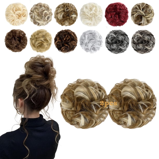 Feidylong 2 piezas de pelo de moño desordenado ondulado rizado Scrunchies sintético moño cola de caballo extensiones de cabello grueso Updo postizos para mujeres niñas (mezcla marrón jengibre rubio bl