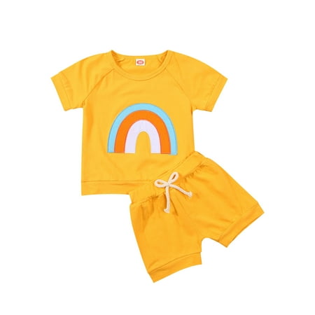 

One opening 2Pcs Toddler Summer Tracksuits Rainbow T-Shirt + Ruffled Shorts