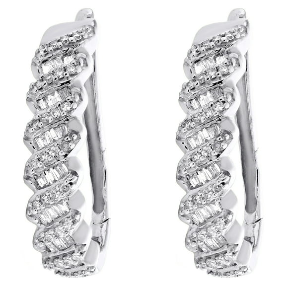 10K White Gold Round & Baguette Diamond Braided Fancy Hoop 21mm Earrings 1/2 CT.