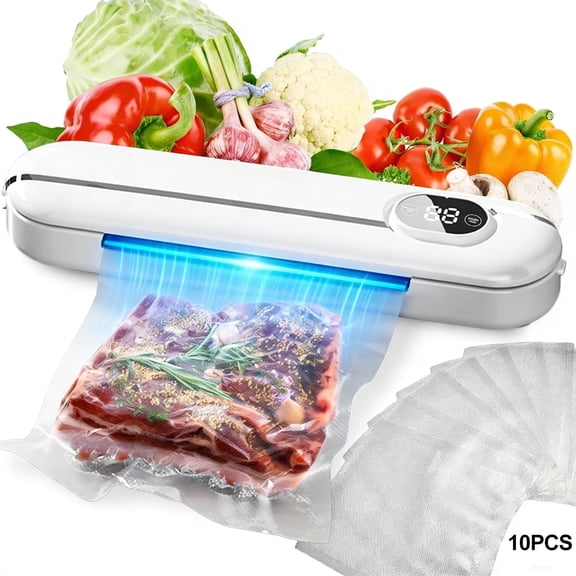 LC-dolida Multifunctional Vacuum Sealer, 60 kPa Food Vacuum Sealer Machine with LED Display & 10 Sealing Bags, 3 Sealing Modes One-click Operation Powerful Suction for Dry and Moist Food（White）