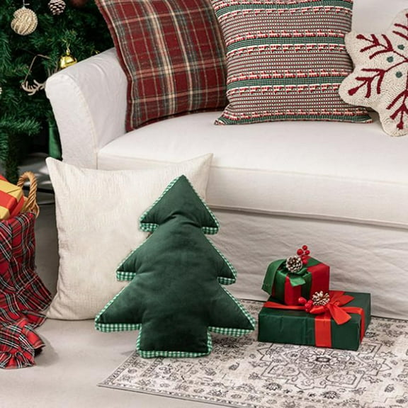 Christmas Throw Pillows Plush Christmas elements Snowflake Christmas tree Shaped Pillow for Christmas Winter Holiday Party Outdoor Bedroom Cushion Decoration(Dark Green)