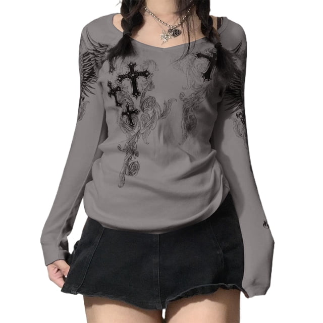 TRKIYQC Camisetas vintage para mujer con estampado de alas cruzadas de manga larga con cuello en V para otoño TRKIYQC moda