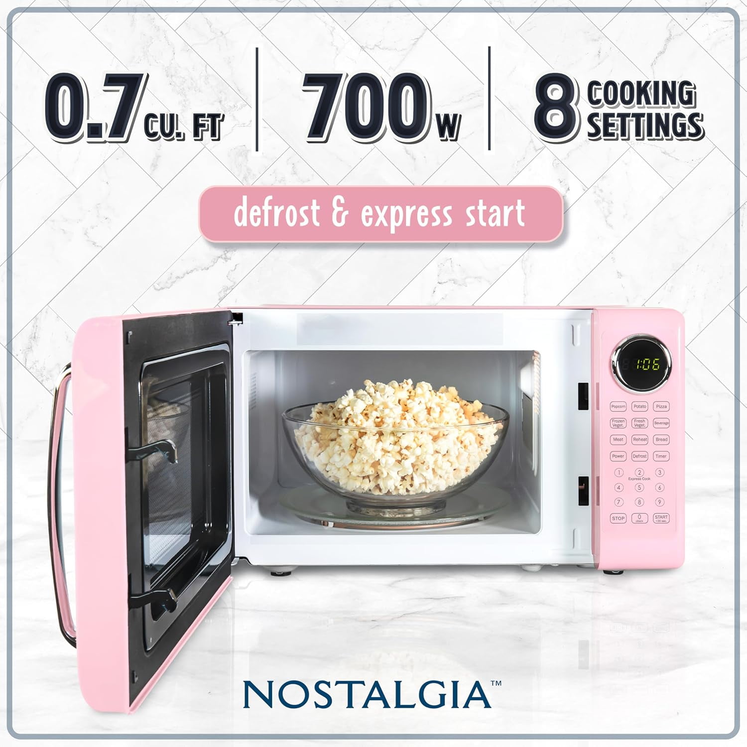 Nostalgia 0.7 Cu Ft 700-Watt Retro Pink Microwave, 8 Auto-Cook Programs, Digital Clock, Glass Turntable