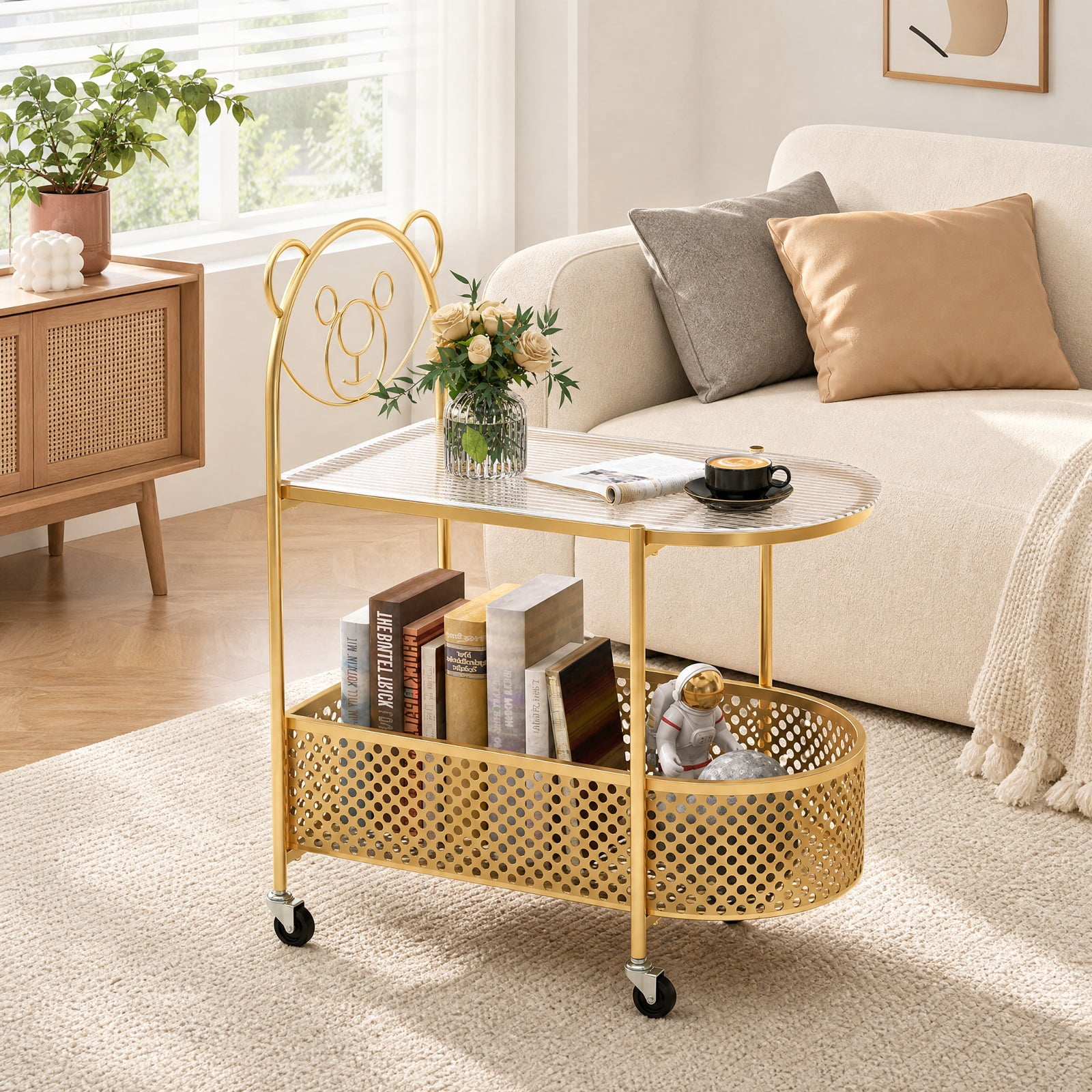 Furnibear 2 Tier Mobile Glass Coffee Table with Rolling Casters and Bear Pattern Storage Basket for the Small Living Room, Golden