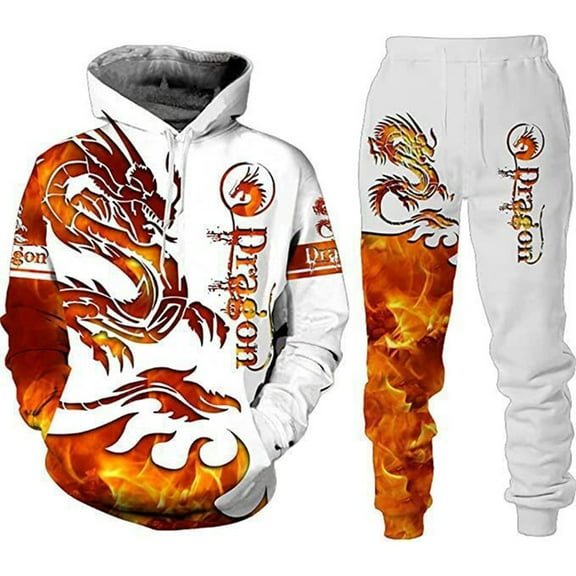 CONZONE Mens Sweatsuit 2 Piece Sets Casual Men's Jogging Tracksuit Set Dragon Graphic Print Pullover Hoodie Pants Sweat Suit for Men Cozy Fall Winter Athletic Track Suit Outfits