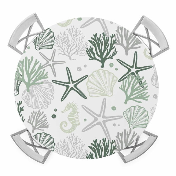 Sage Green Coastal Round Fitted Tablecloth with Elastic Edge, Waterproof Table Cloth Table Cover for 36"-44" Tables, Summer Beach Coral Shell Ocean Tablecloths for Dining Picnic Indoor Outdoor