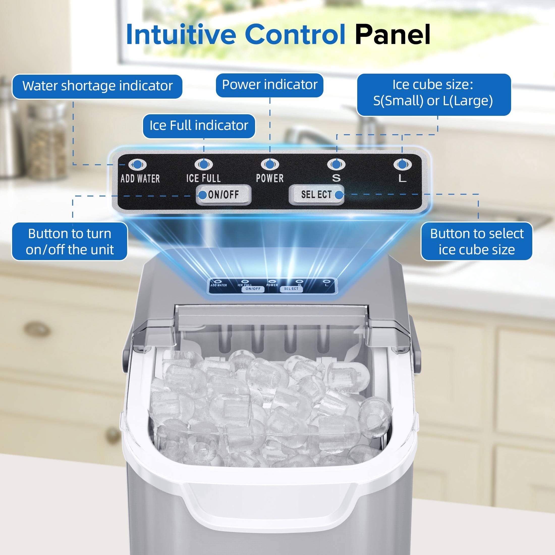 Auseo Countertop Ice Maker, 2 Sizes of Bullet Ice, 26Lbs/24H, 8 Ice Cubes in 6 Mins, Portable Ice Machine with Self-Cleaning for Home/Party/Travel/Camping (Grey)