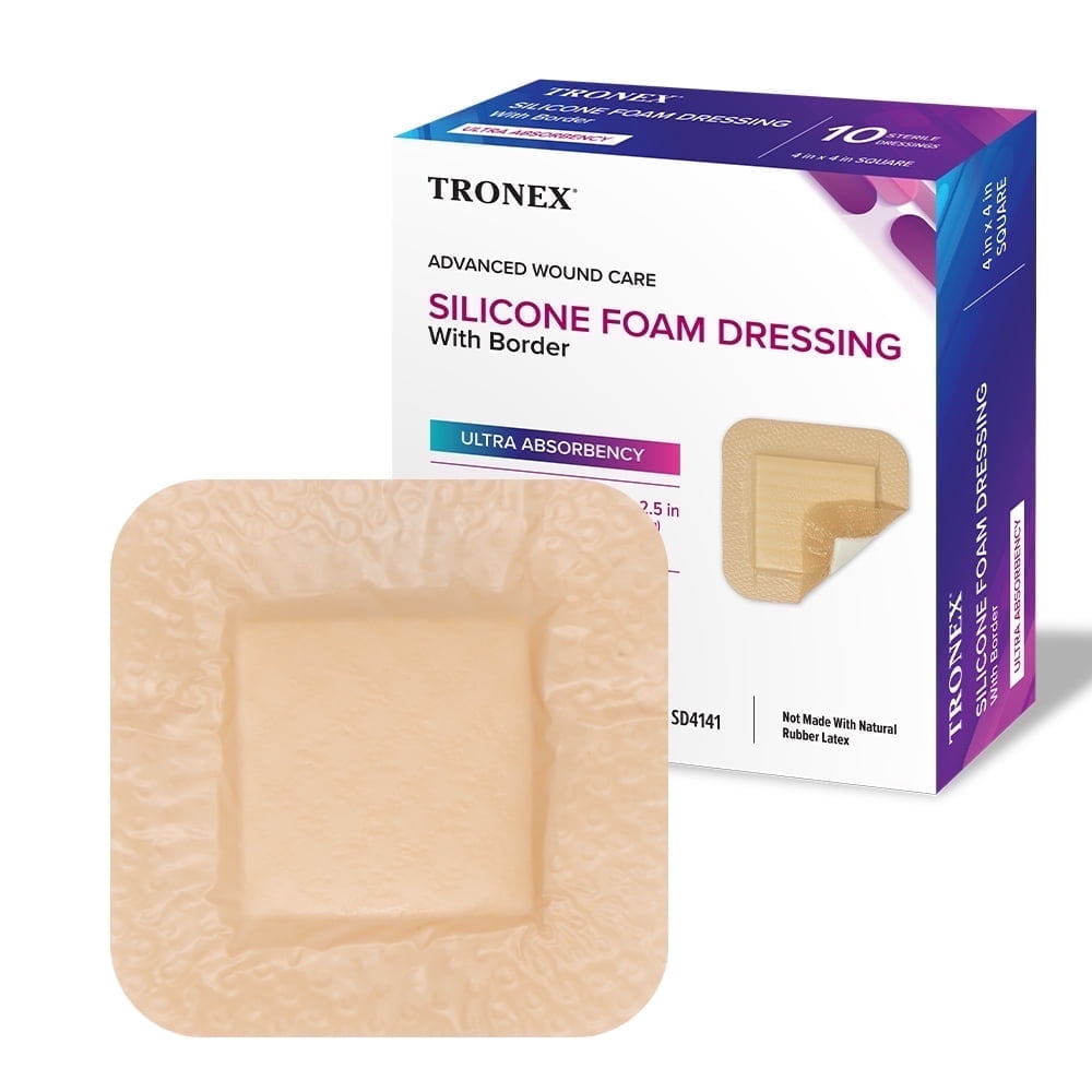 Tronex Silicone Foam Dressing 4"x4" Adhesive Waterproof Sterile Ultra Absorbent Pack of 10
