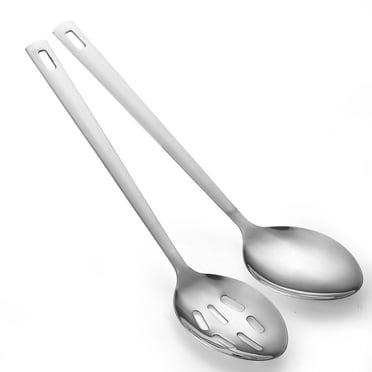 ReaNea Silver Cooking Spoon Set, Stainless Steel Kitchen Cooking Serving, Solid Spoon and Slotted Spoon Pack of 2
