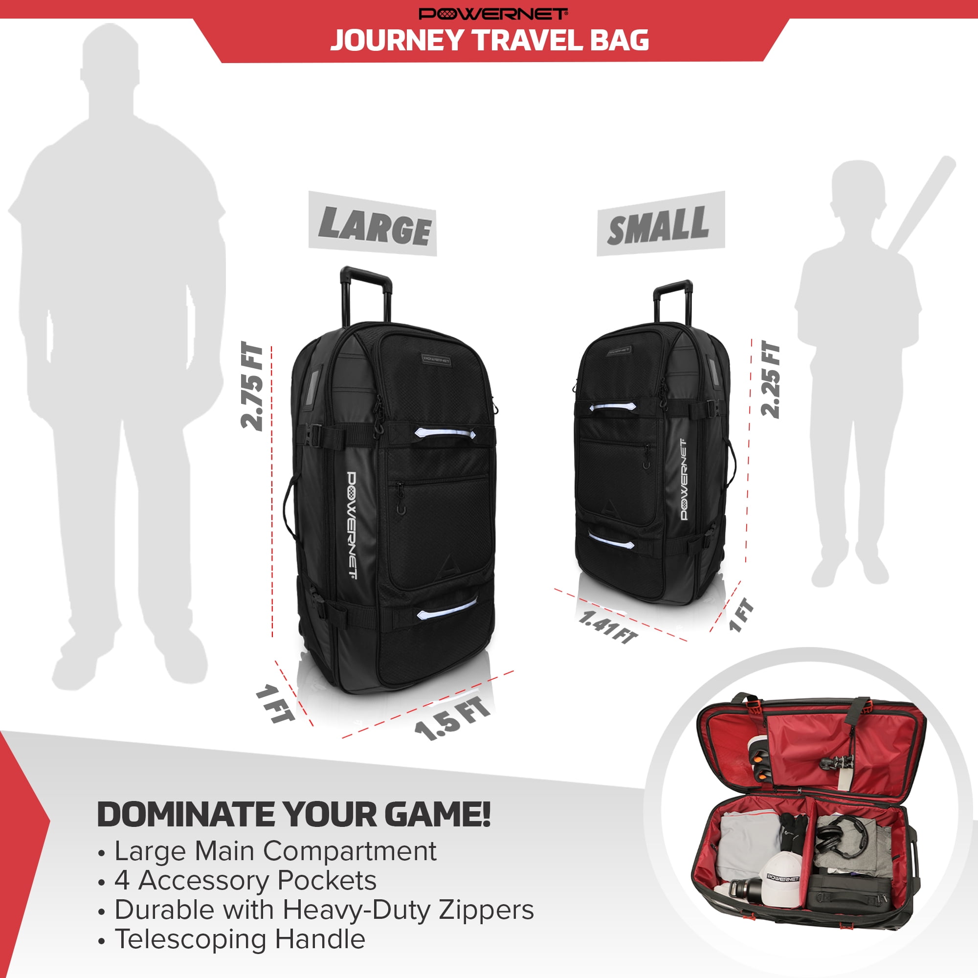 PowerNet Rolling Duffle Bag with Wheels & Handle, Baseball Travel Bag, Baseball Softball Bag for Catchers Gear, Travel Baseball Bag (Small| 110 L)
