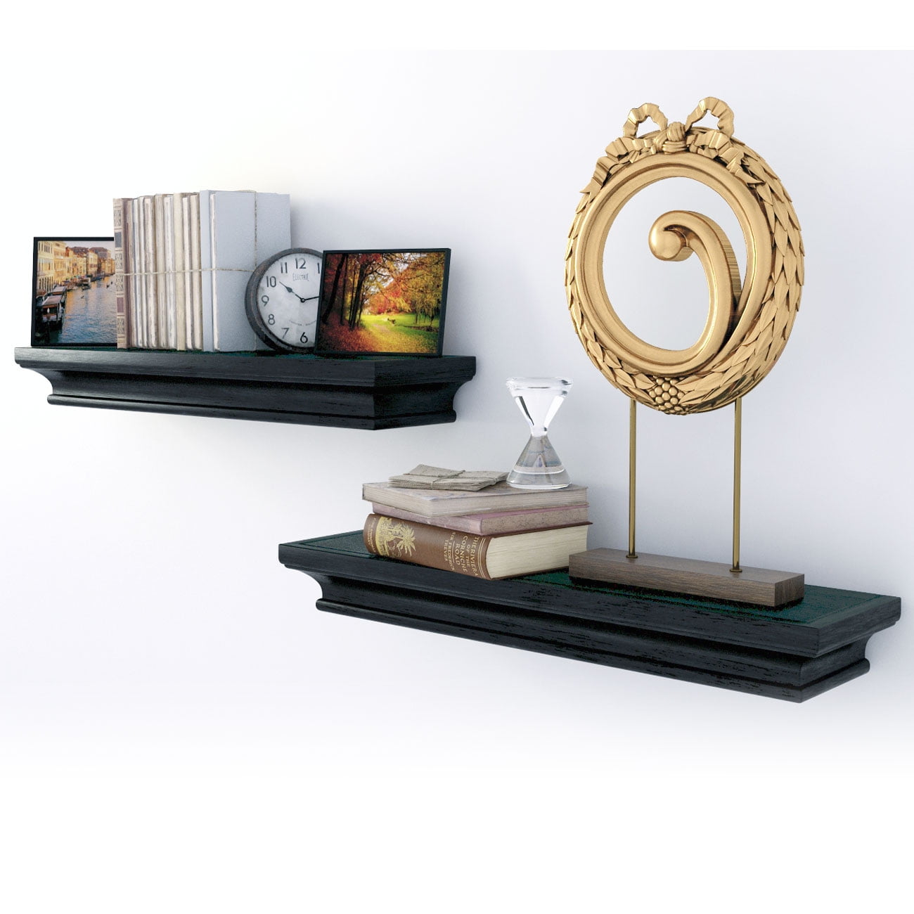 Traditional Small Wall Shelf Ledge Crown Molding Design Black Set of 2