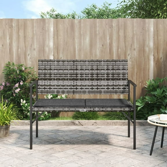 vidaXL 2-Seater Patio Bench with Cushion Gray Poly Rattan