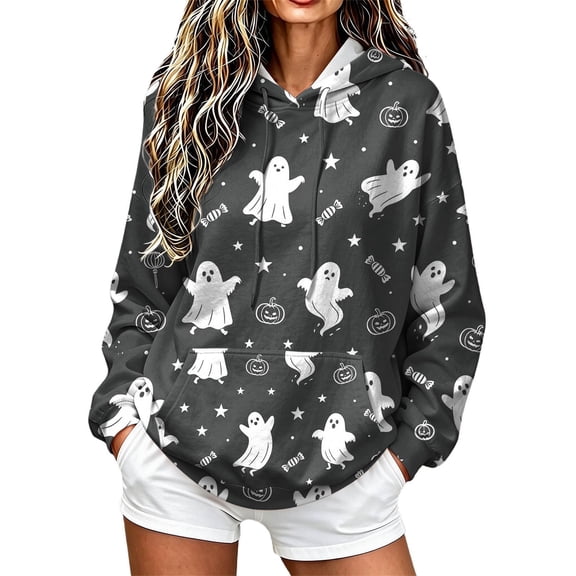 Women Halloween Hoodies Long Sleeve Stains Letter Print Pullover Adjustable Drawstring Hood Sweatshirt Casual Crew Neck Top With Pocket