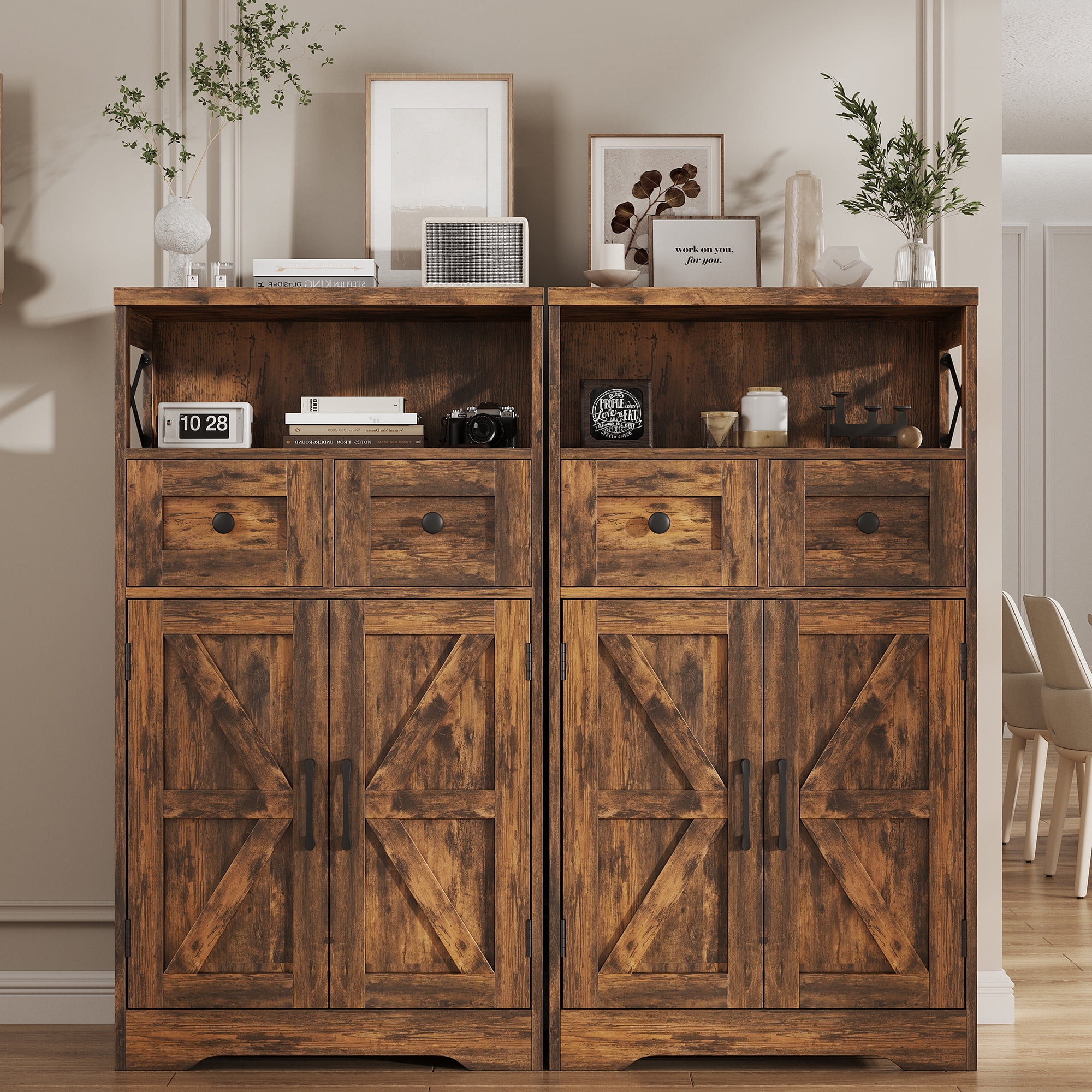 Farmhouse Storage Cabinet with Drawers and Shelves, Freestanding Kitchen Pantry Storage Cabinet, Floor Storage Cabinet Hutch Cupboard for Dining/Living Room/Home Office, Rustic Brown