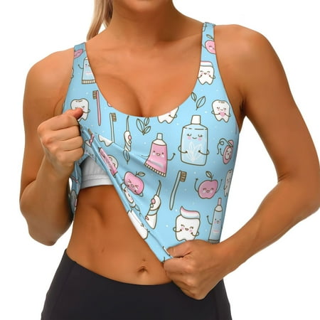 Qokaie Funny Cute Teeth Pattern Womens Scoop Neck Sports Bra Breathable Workout Vest Padded U Back Medium Impact Fitness Gym Yoga Bra Workout Crop Top