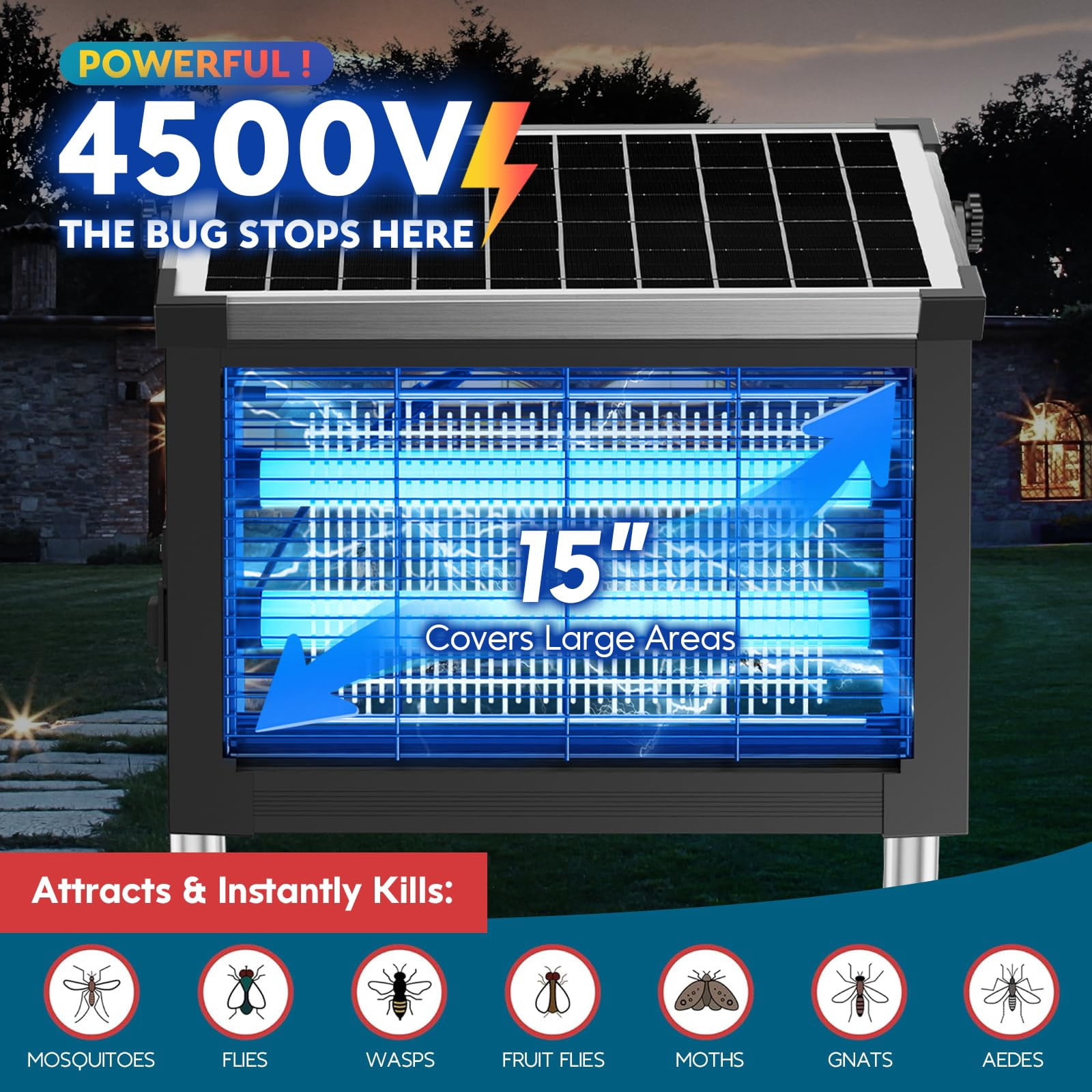 Solar Zapper Outdoor Indoor  4000mah Rechargeable Portable Fly 4500v Electric Mosquito Killer With Panel Sensor & 10ft Extension Cord Waterproof For Patio Camping Home Backyard