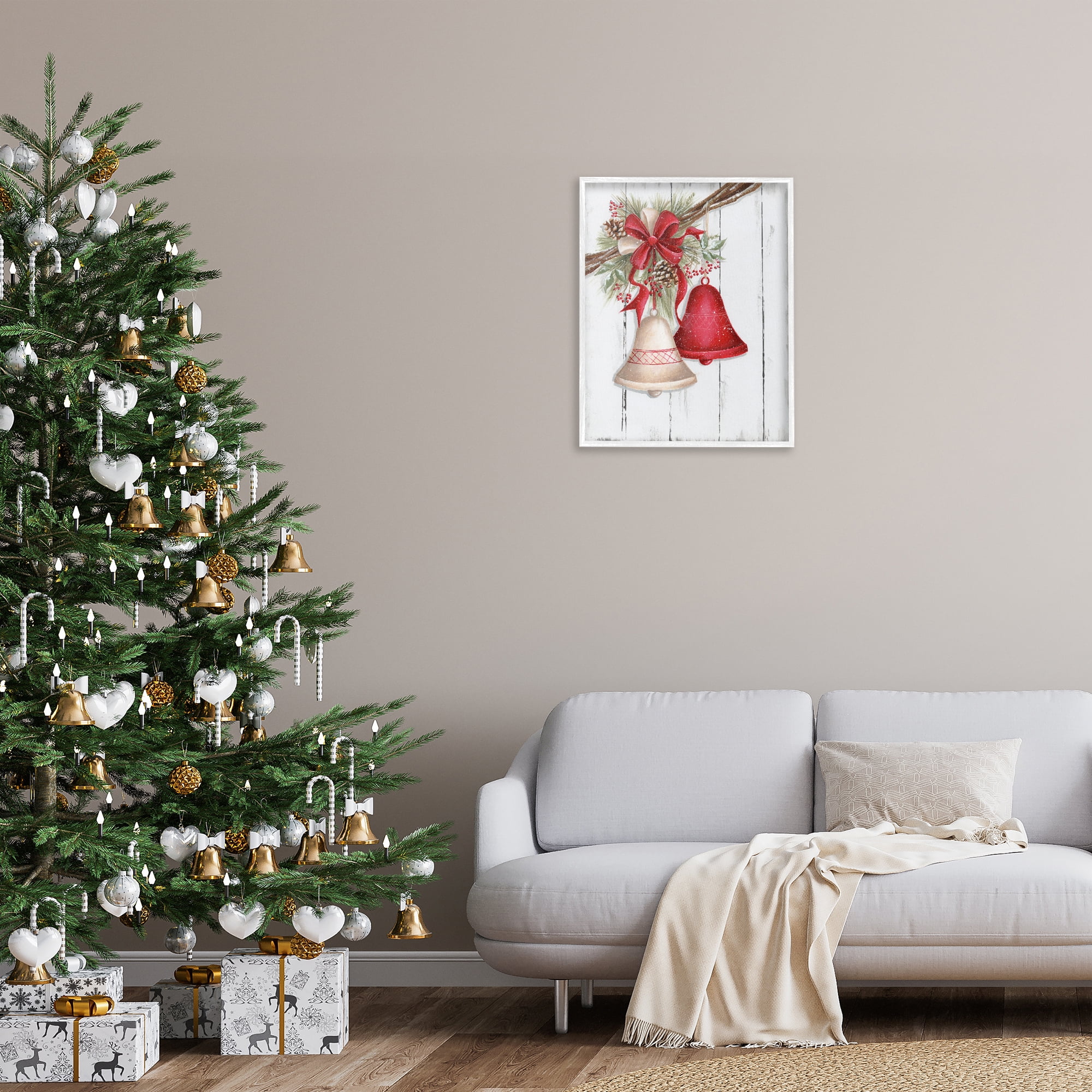 Stupell Industries Rustic Winter Bells Holiday Painting White Framed Art Print Wall Art, 24 x 30