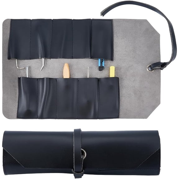 Leather Tool Roll Up Pouch 25.5cm Black Hand Tools Pouch Multi-Purpose Small Hand Tools Organizer Holder Tool Organizer Bag