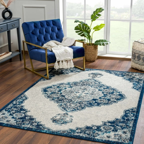Hauteloom Istanbul Collection Medallion Area Rug for Living Room Bedroom - Traditional Oriental Style - Vintage Distressed - Blue, Beige, Gray - 5'3" x 7'3"
