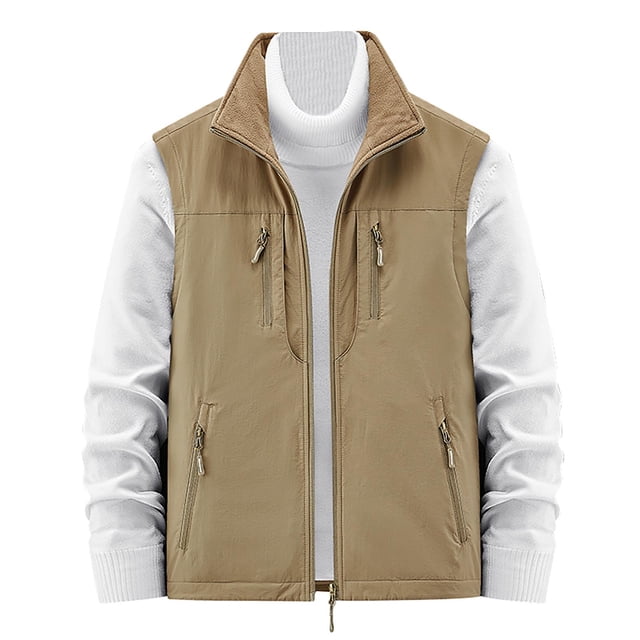 Men's Vest Fall Multi Pocket Turn Down Collar Have Zipper Solid Color Warm Outerwear Vest