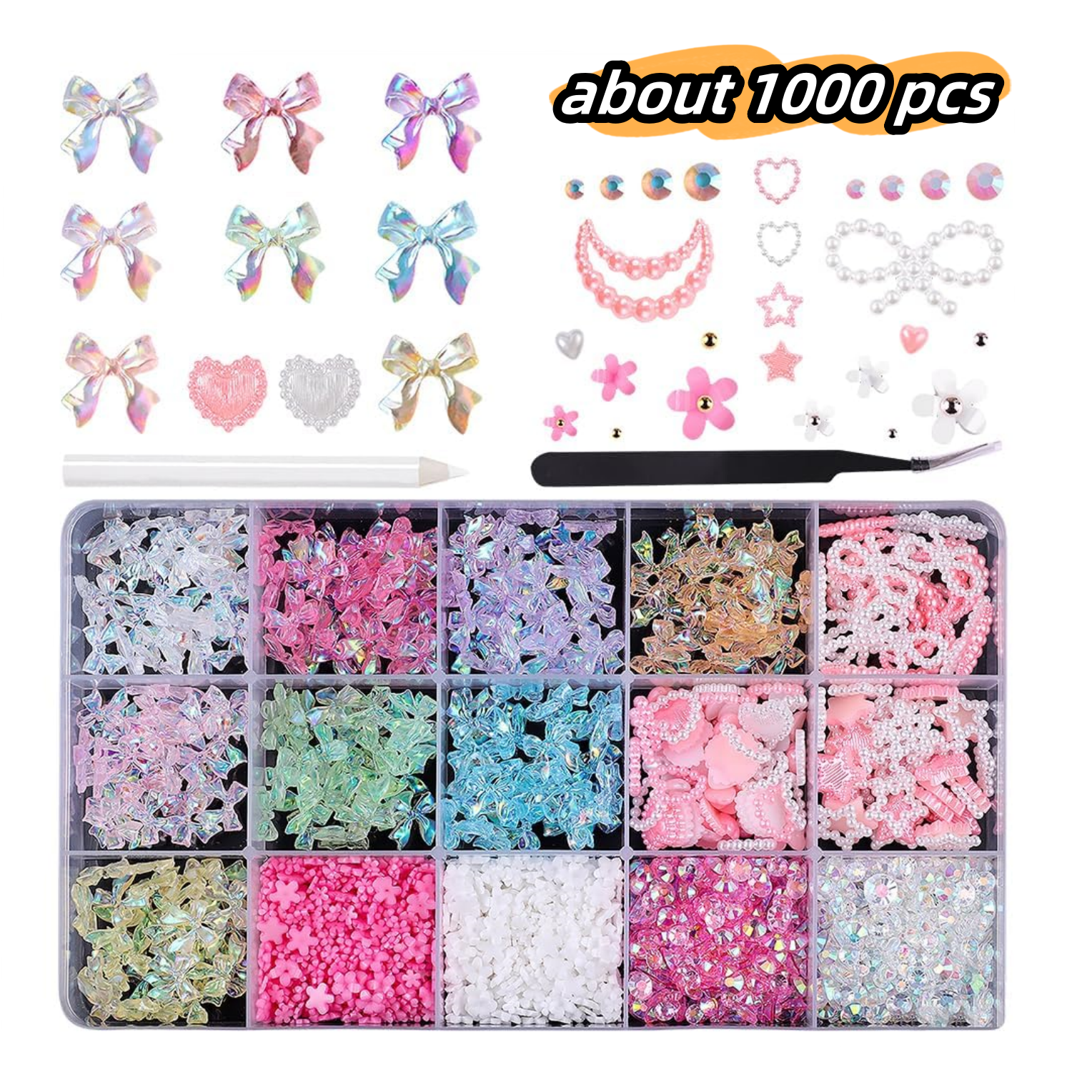 1000 Pcs 3D Bow Heart Star Nail Accessories,Jademall Nail Art Rhinestones Flatback Pearl Nail Beads Flowers Multi Shape Nail Decorations for Manicure DIY Nail Art Supplies Craft Embellishment