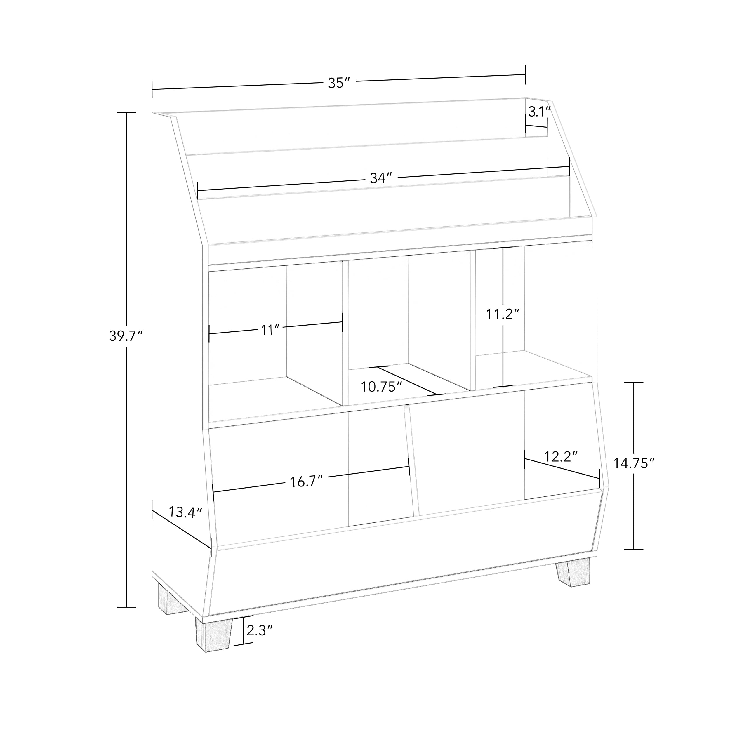 RiverRidge Kids Catch-All 35in Storage Organizer with Cubbies, Bins, and Bookracks - White
