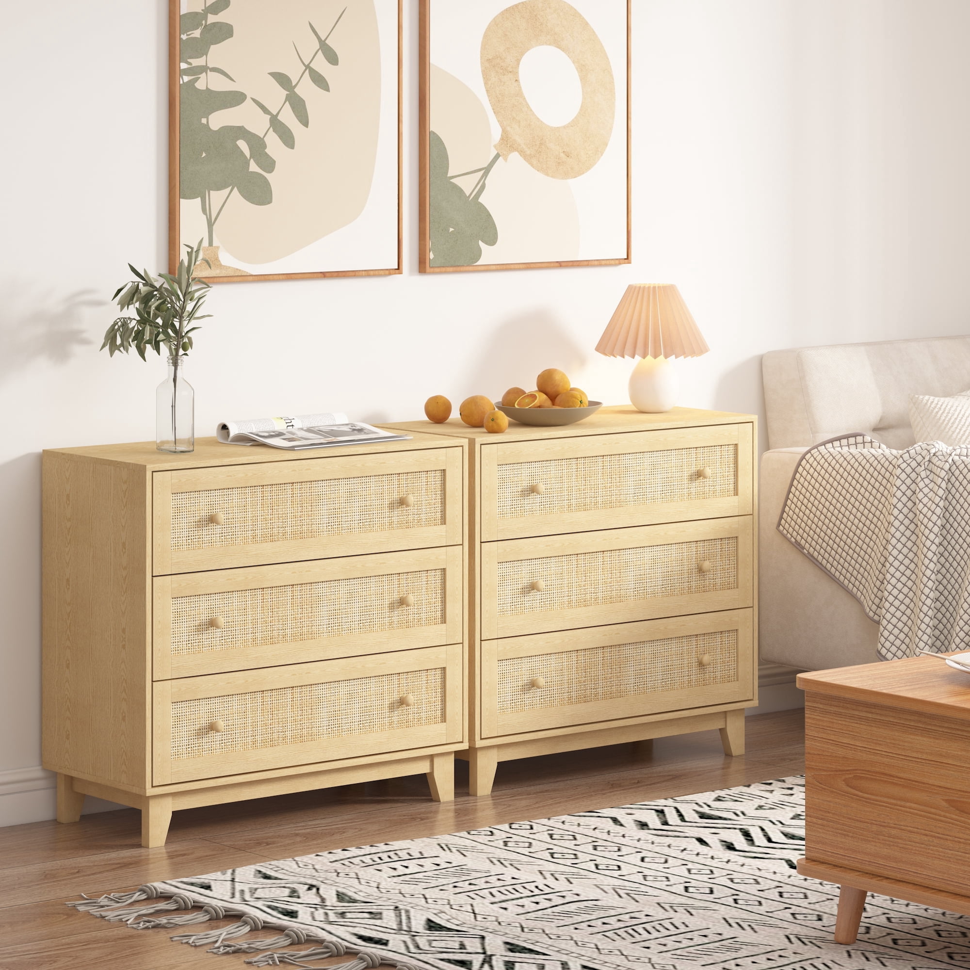 FANRAL 3 Drawers Dresser for Bedroom,Boho Small Natural Rattan Closet Dresser Chest of Drawers,Modern Wood Clothes Storage Organizer with Wooden Feet and Handles for Hallway,Living Room,Entryway