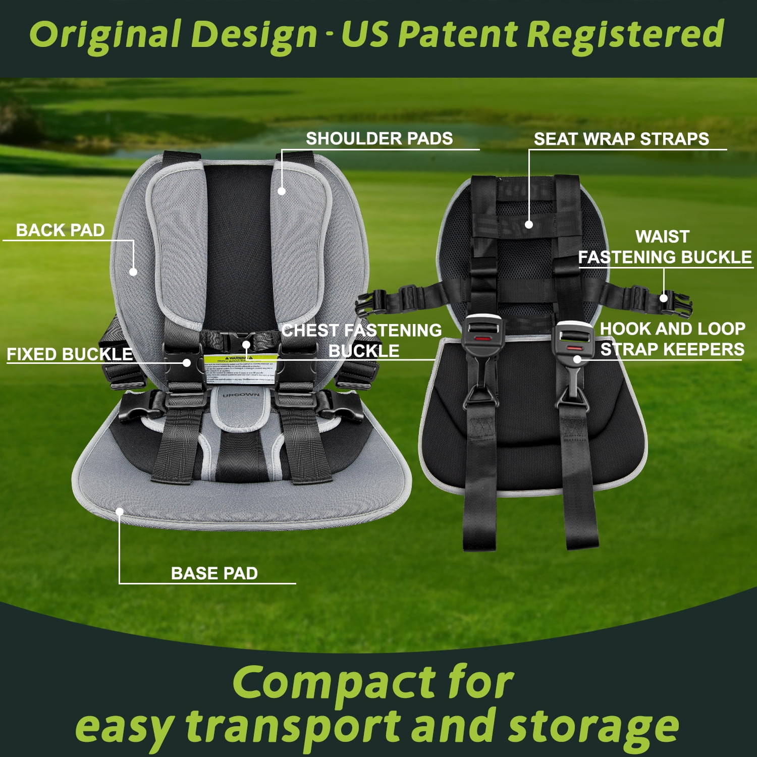 Golf Cart Seat Cushion/Positioner, 5-Point Adjustable Safety Harness, Gray
